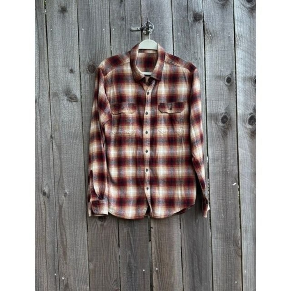 George Mens Plaid Flannel Button Down Shirt Burgundy Cream Tan Large L 42-44